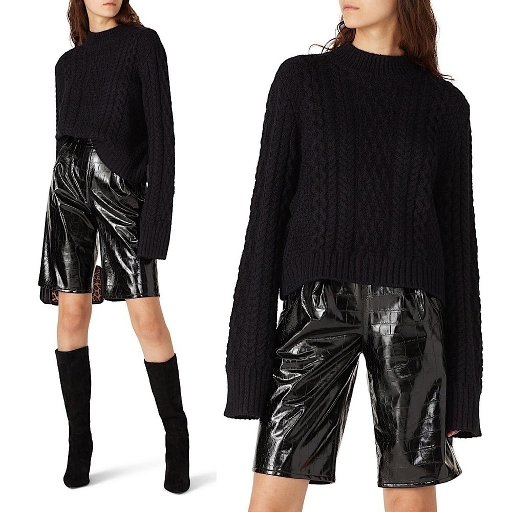 NEON BLONDE Dark Academia Oversized‎ Black Cable Knit Fisher Pullover Sweater XS